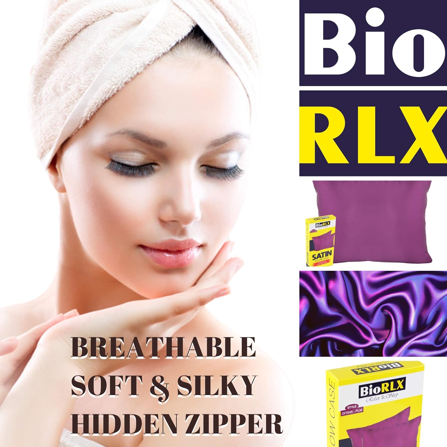 BioRLX Satin Pillow Case for Hair & Facial Skin to Prevent Wrinkles Hidden Zipper (Plum, 1)