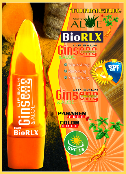 Biorlx Ginseng & Turmeric (Curcumin) With Aloe Vera Lip Balm Spf15, Color Free, Paraben Free