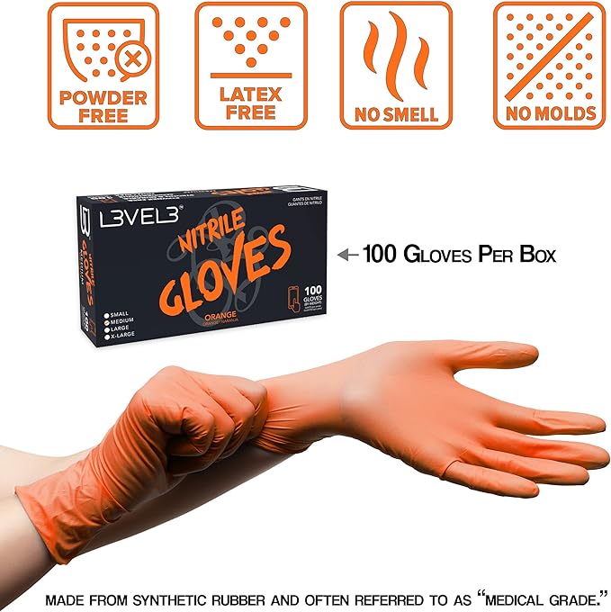 LV3 Nitrile Gloves (100ct) - Orange Xlarge X-Large