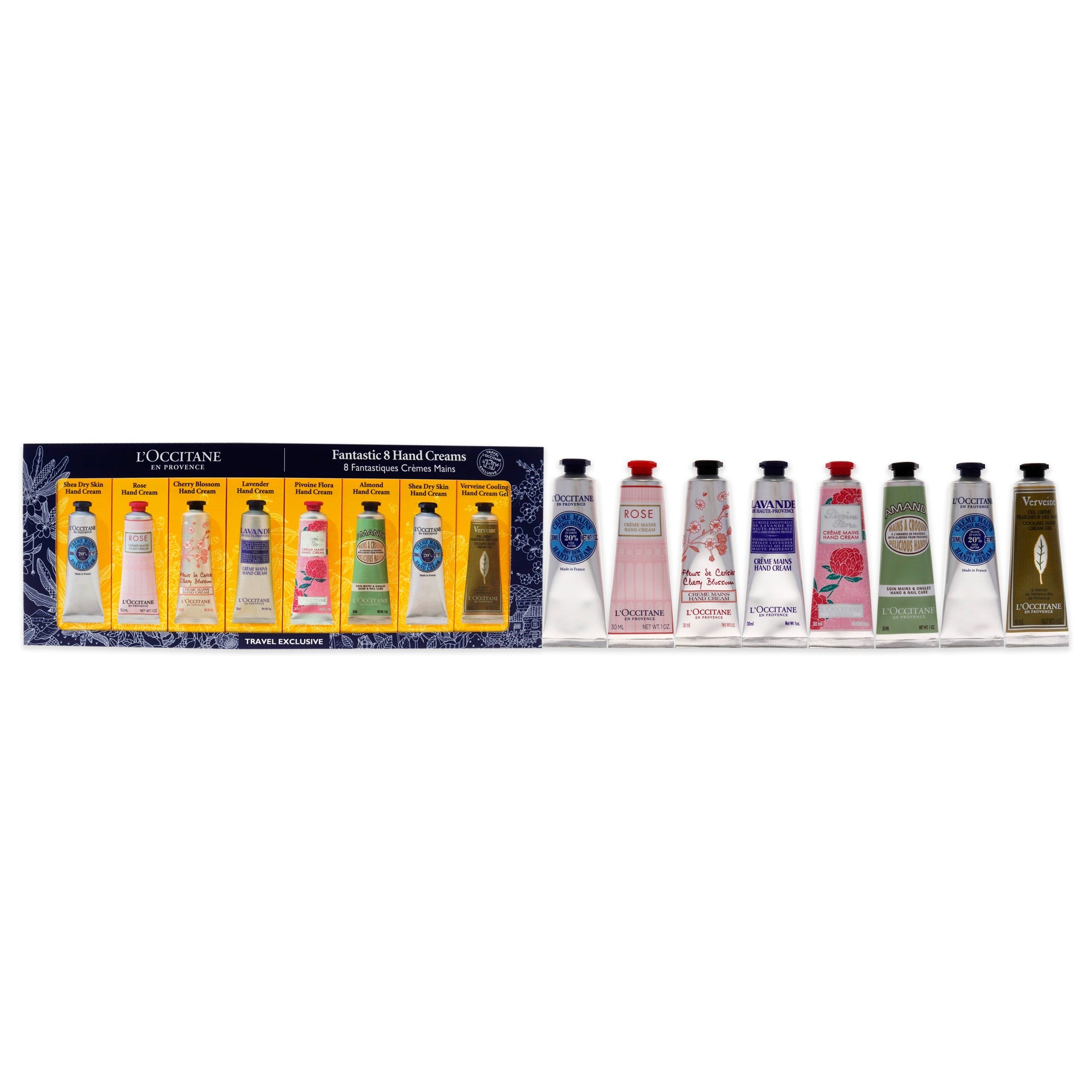 Fantastic 8 Hand Creams Kit by LOccitane for Unisex - 8 x 1 oz Shea Dry Skin, Rose, Cherry Blossom, Lavender, Pivoine Flora, Almond, Verveine Cooling Hand Cream Gel