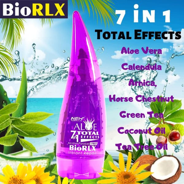 Biorlx 7 en 1 effets totaux à base de plantes Aloe Vera, calendula, arnica, marron d'Inde, thé vert, huile de noix de coco et gel d'huile d'arbre à thé 8,5 oz