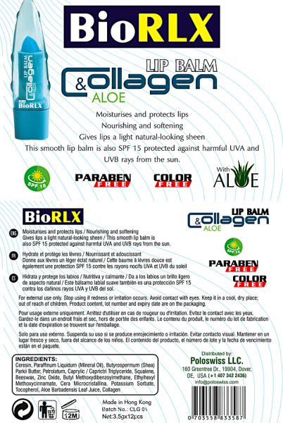 Biorlx Collagen With Aloe Vera Lip Balm Spf 15, Color Free, Paraben Free